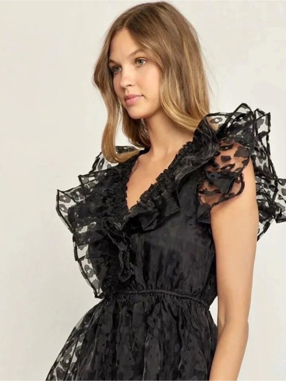 Entro Leopard Pattern Ruffle Dress Mini Black Large - Picture 2 of 7